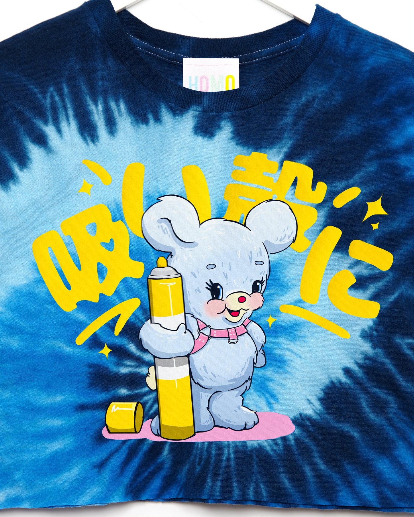 Japanese graffiti bear on blue tie-dye - crop top