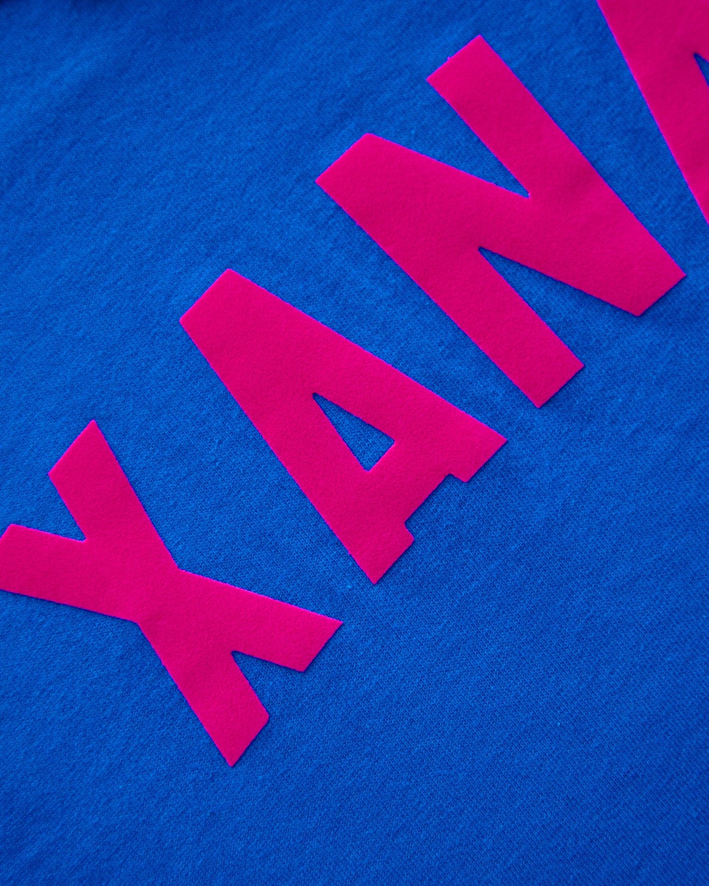 Fluorescent pink flock Xanax - blue crop top