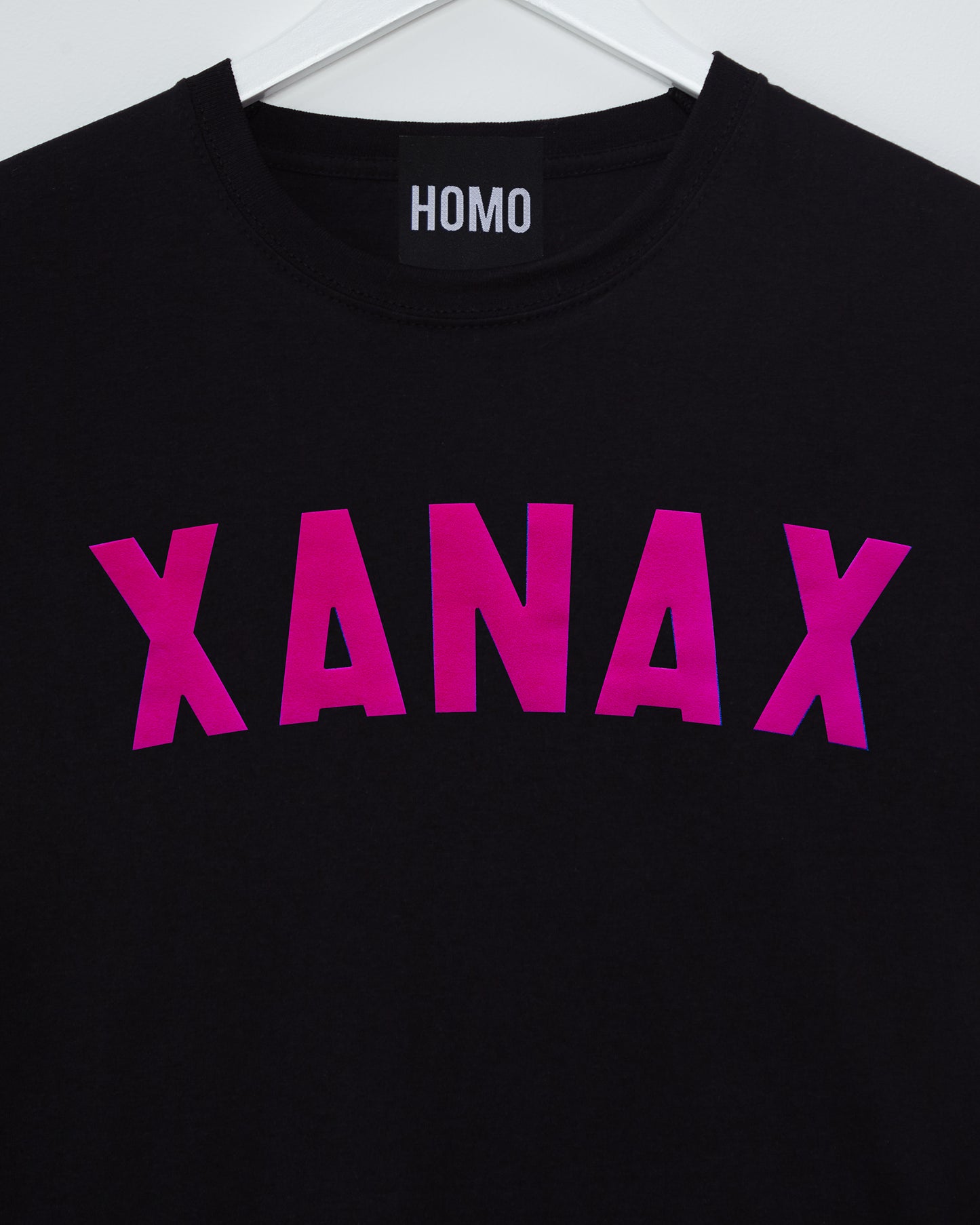 Fluorescent pink flock Xanax on black - tshirt