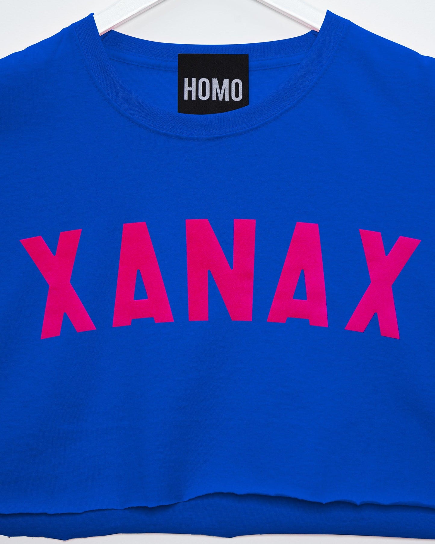 Fluorescent pink flock Xanax - blue crop top