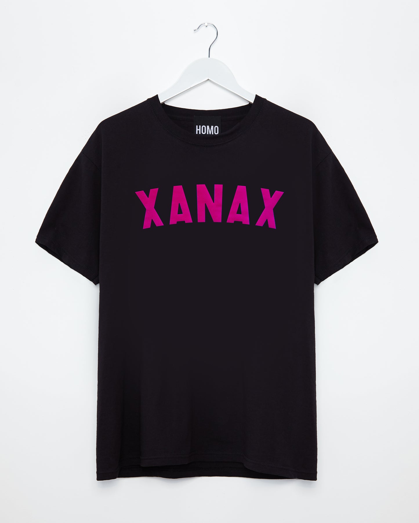 Fluorescent pink flock Xanax on black - tshirt