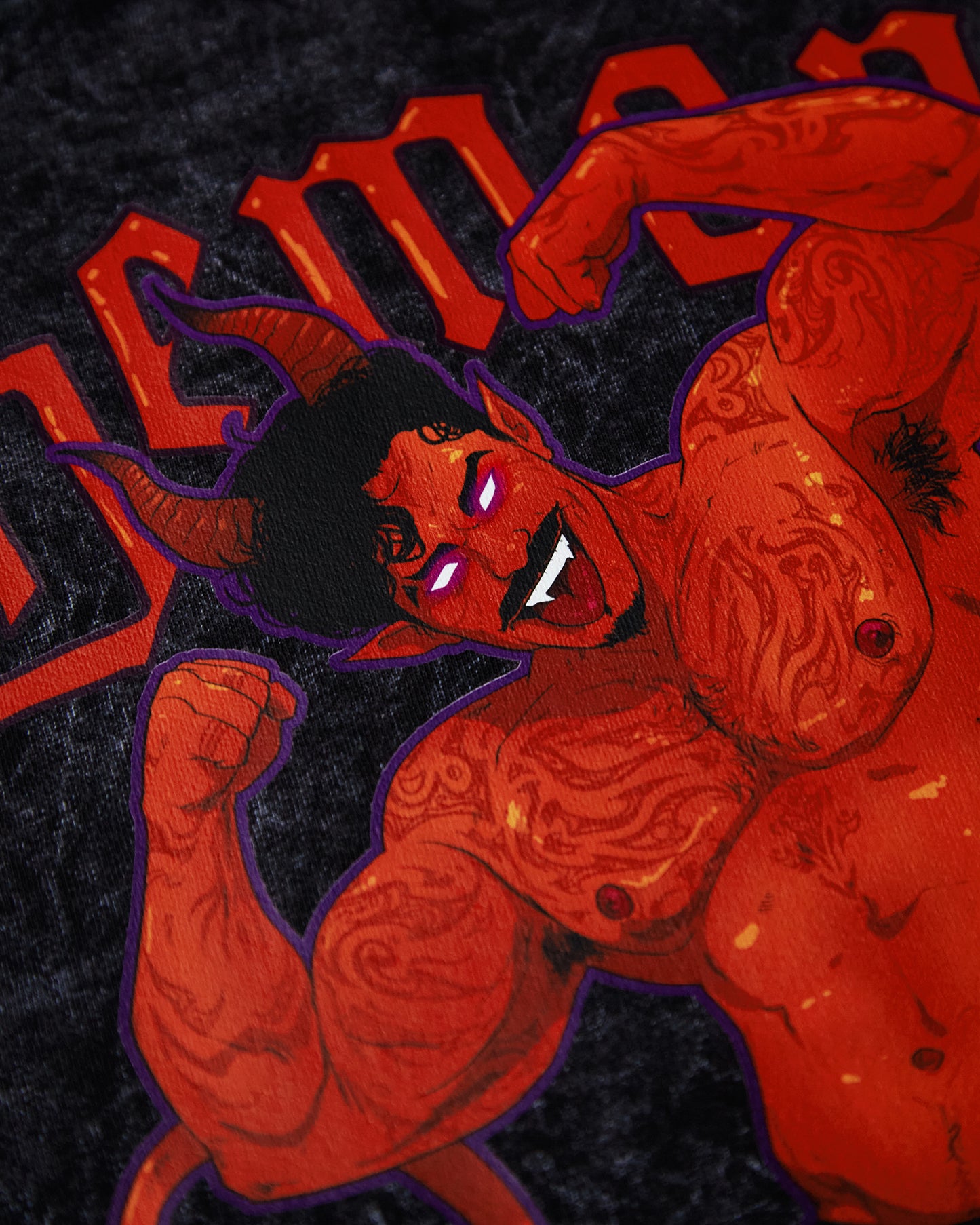 Demon s/ut, flexing tattooed demon hunk on black stone wash - tshirt