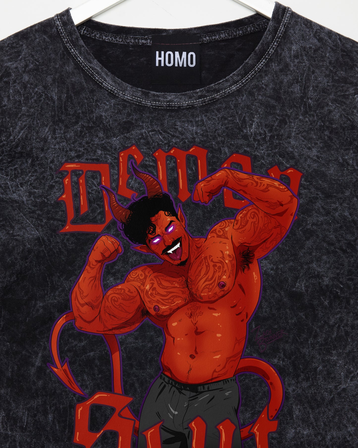 Demon s/ut, flexing tattooed demon hunk on black stone wash - tshirt