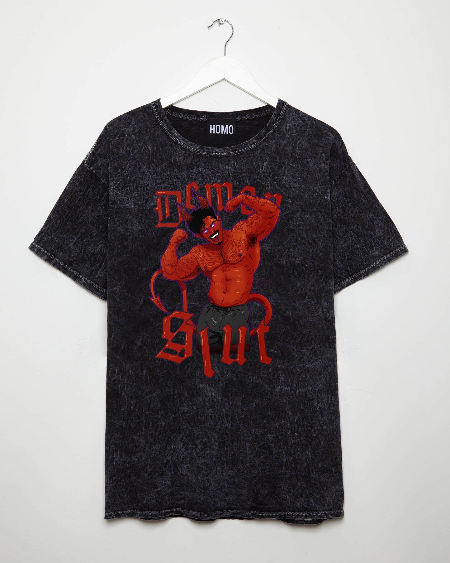 Demon s/ut, flexing tattooed demon hunk on black stone wash - tshirt