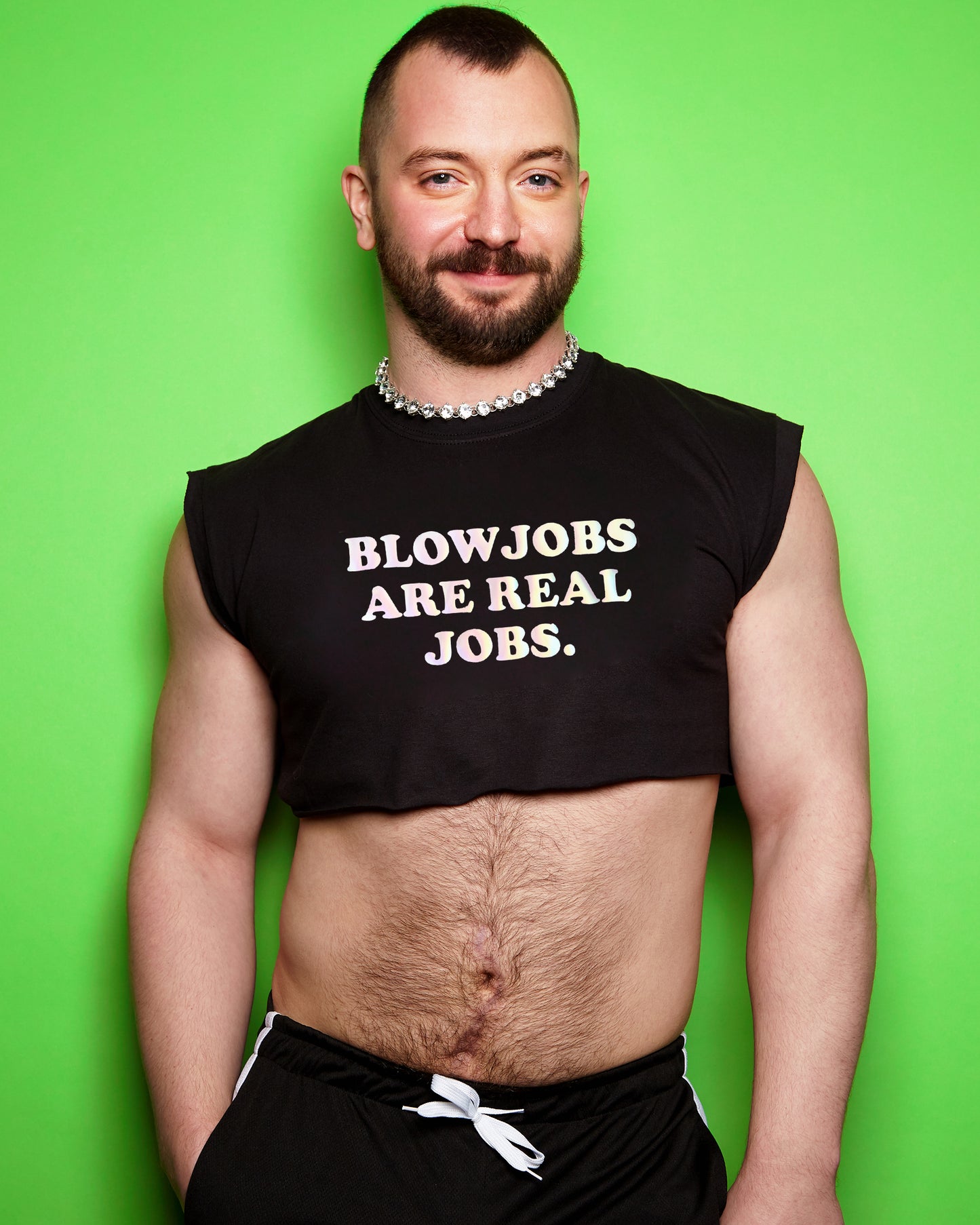 Blow jobs are real jobs on black sleeveless crop-top.