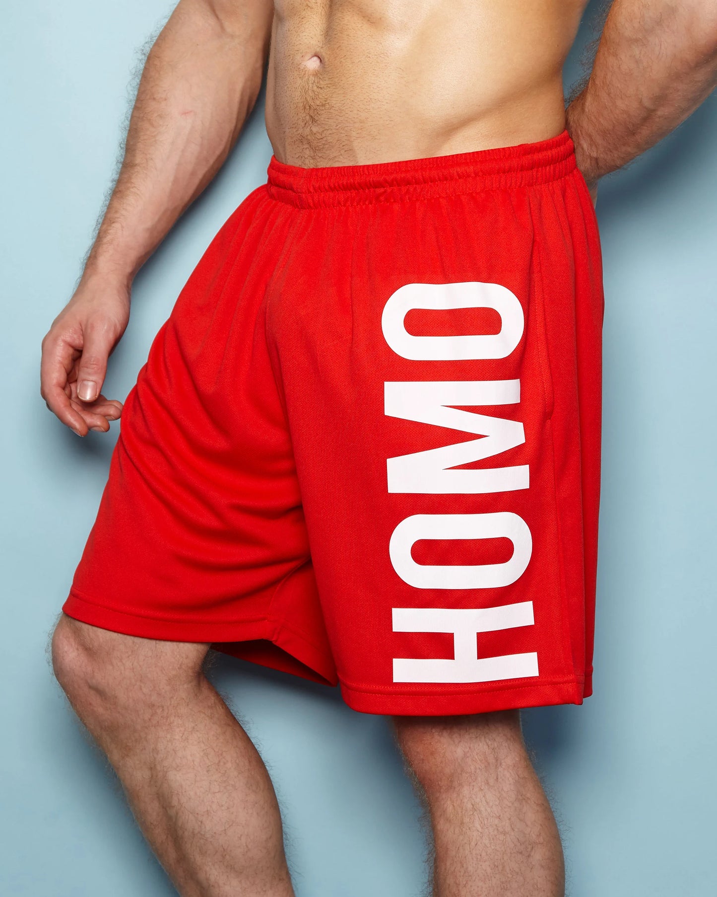 SMALL - HOMO basketball shorts, white on red