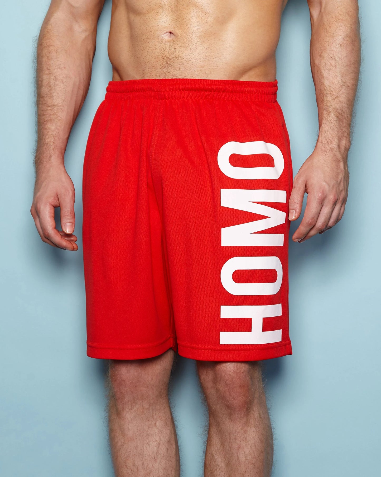 SMALL - HOMO basketball shorts, white on red