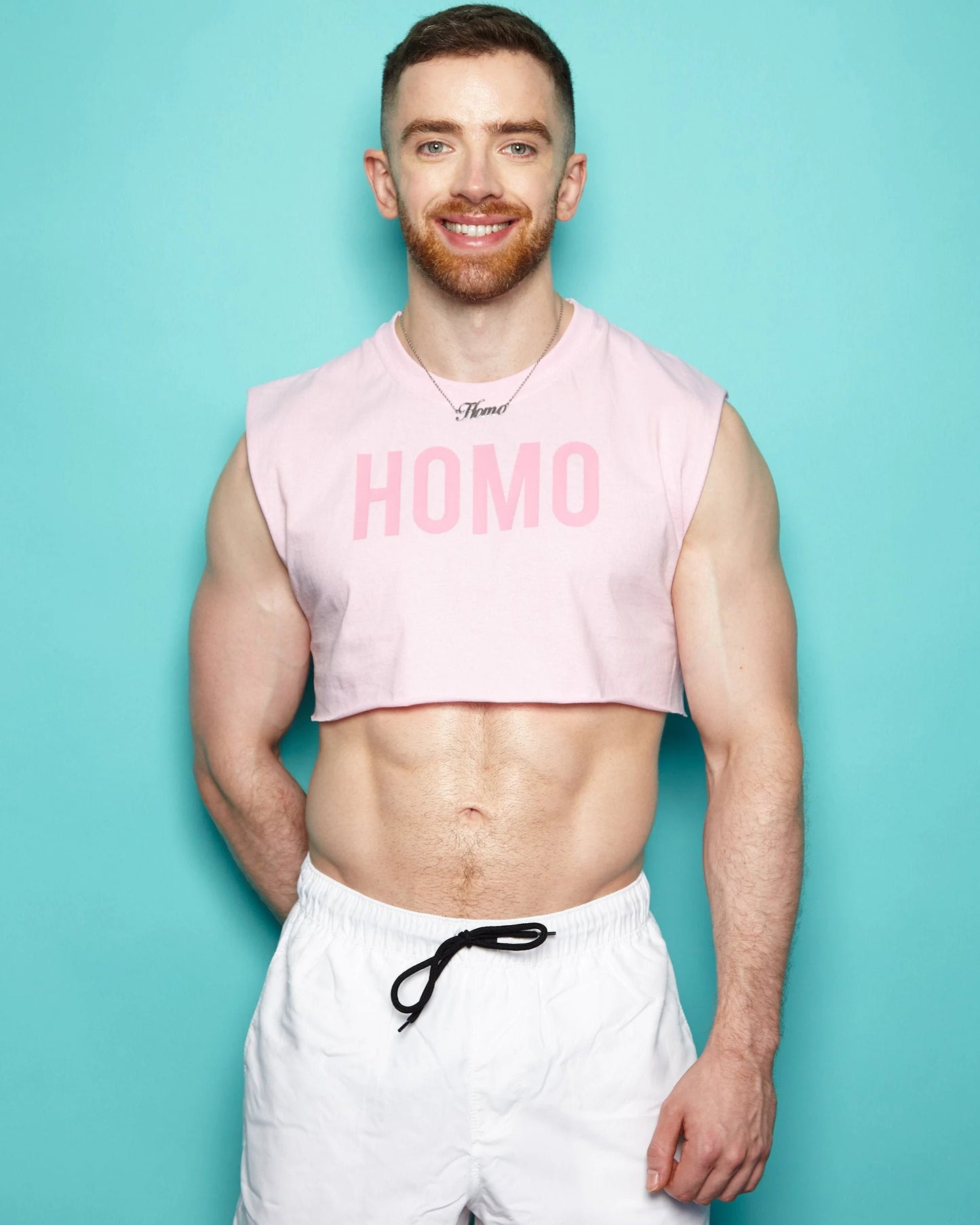 SMALL - HOMO Logo Pink On Pink - mens sleeveless crop top.