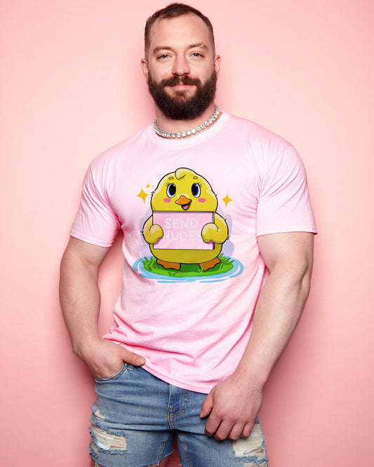 SMALL -Cheeky duck, holding a sign on pink - tee.