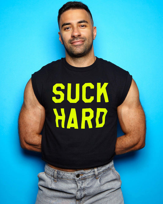 Suck hard in florescent yellow on black - tshirt crop / low cut crop