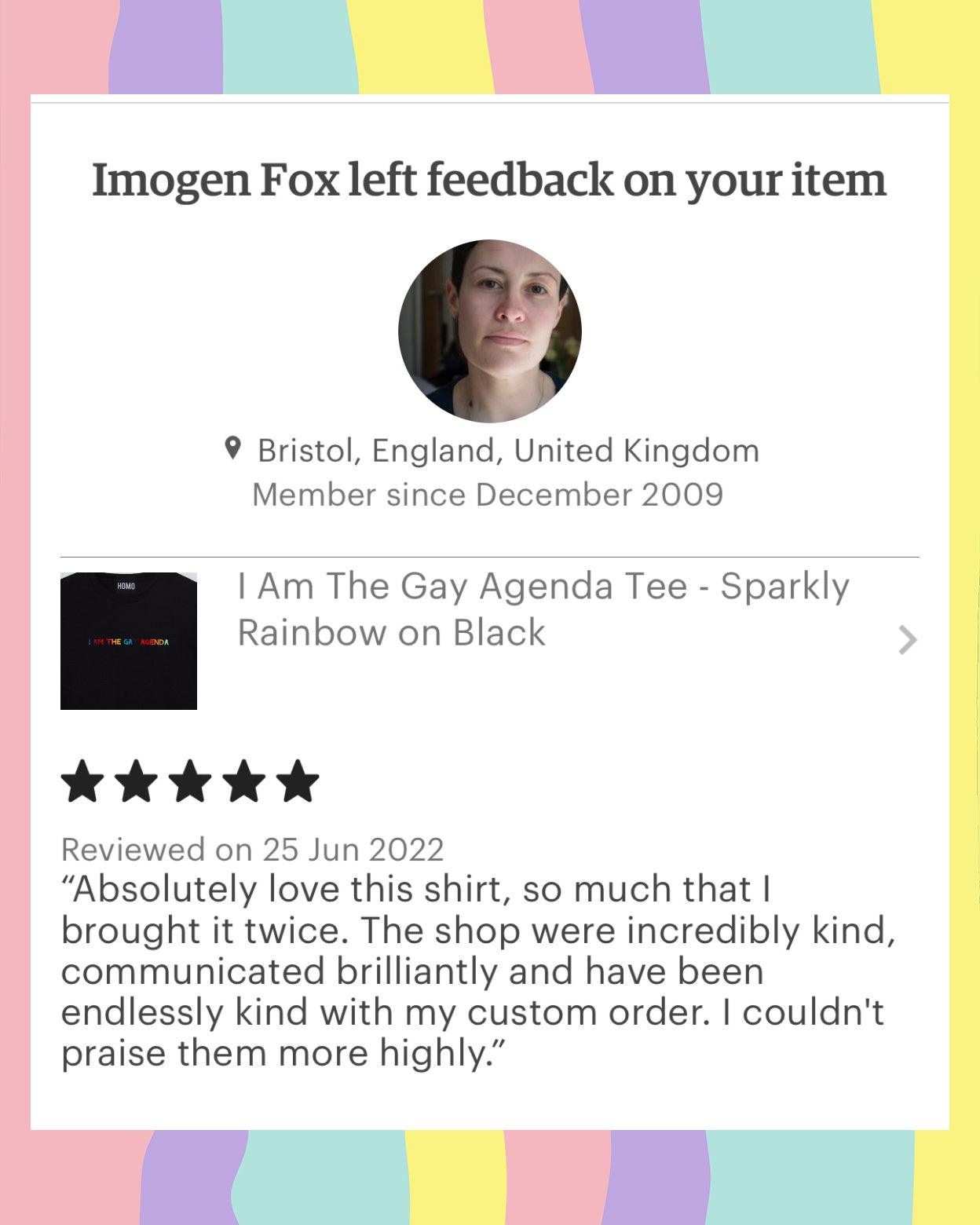 Sparkle in Pride with the "I Am The Gay Agenda Tee - Sparkly Rainbow on Black" - HOMOLONDON