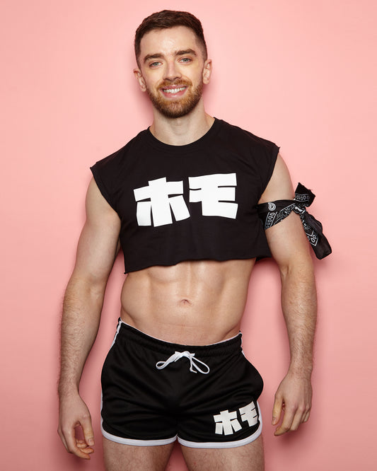 Double Pack - HOMO in Japanese, Sleeveless Crop and Short Shorts - Full outfit.