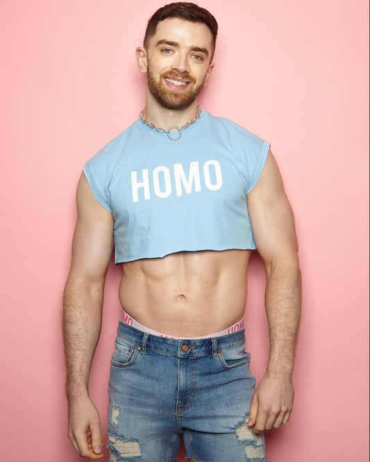 HOMO, mens sleeveless crop top - White on light Blue. - HOMOLONDON