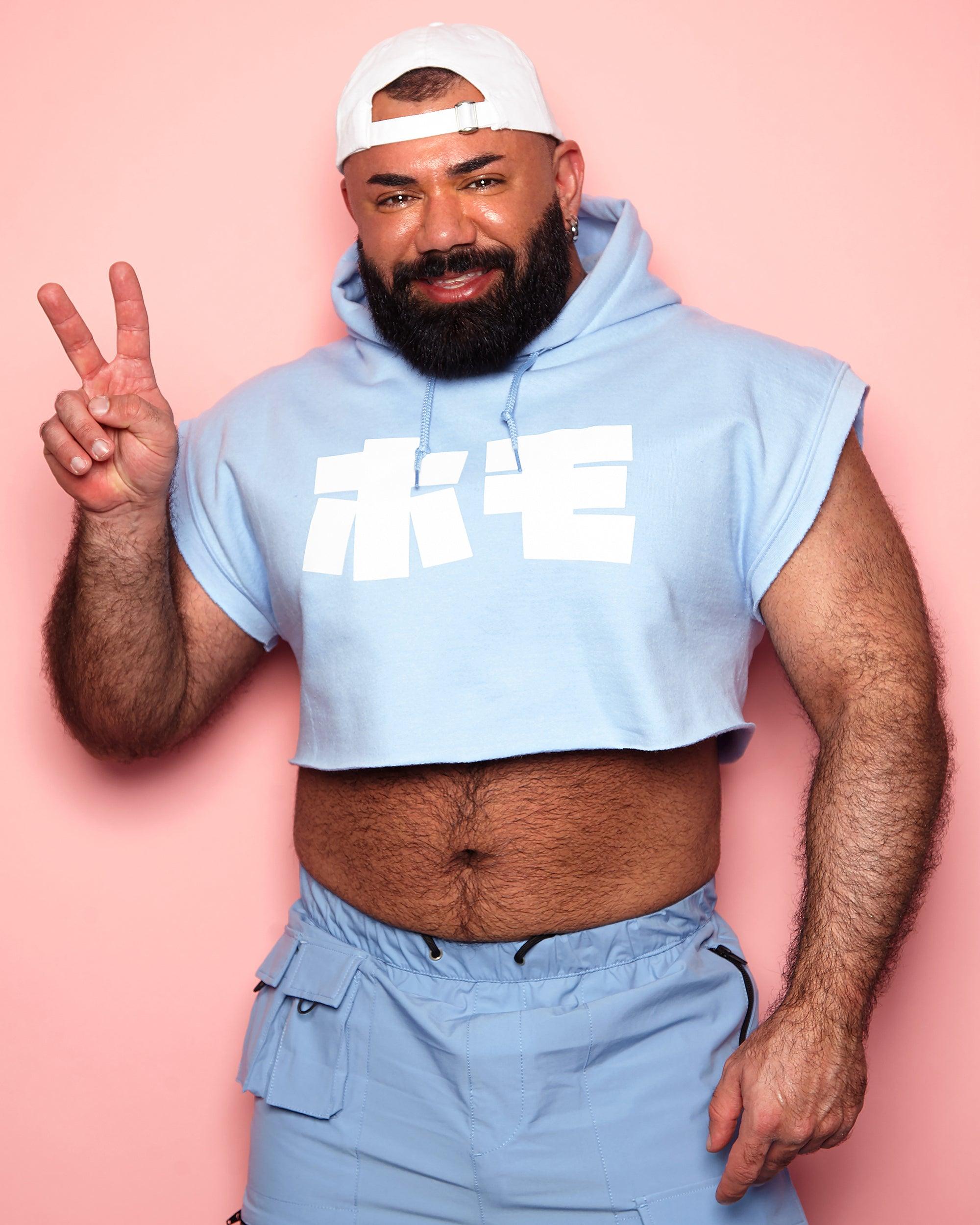 HOMO in Japanese white on light blue mens hoodie crop top