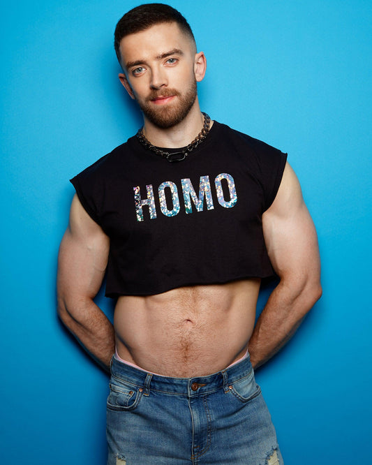 HOMO, sparkle on black - mens sleeveless crop top. - HOMOLONDON