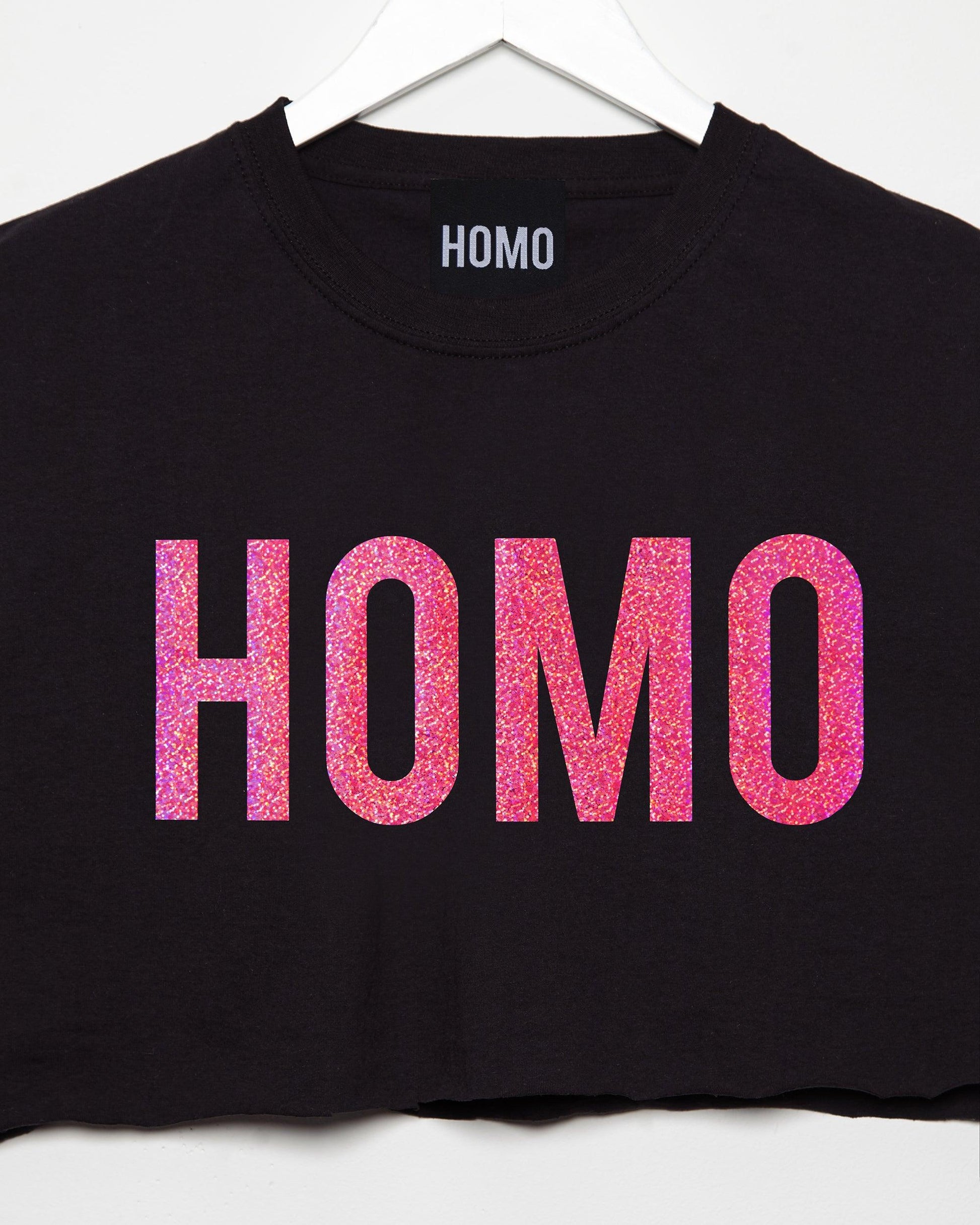 Sparkly Pink HOMO, mens sleeveless crop - Pink on Black - HOMOLONDON