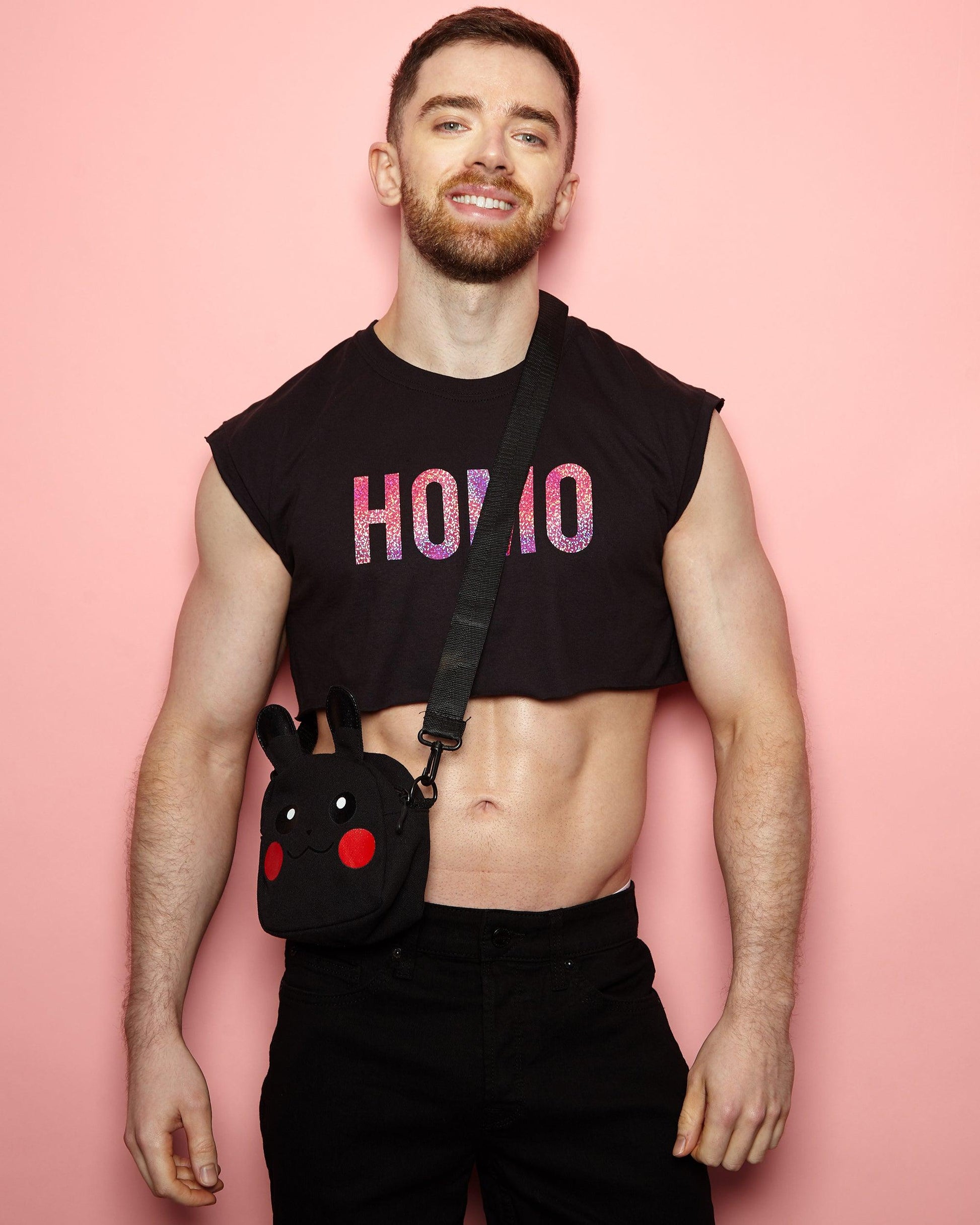 Sparkly Pink HOMO, mens sleeveless crop - Pink on Black - HOMOLONDON