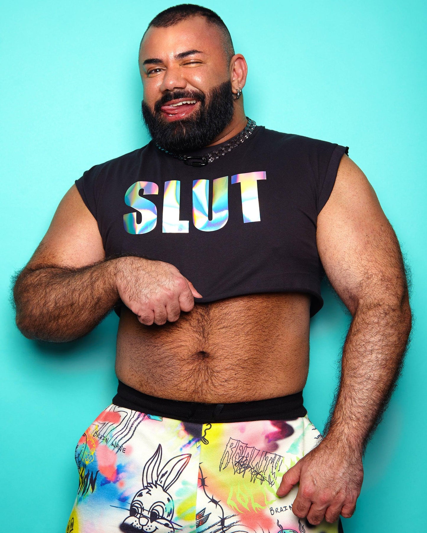 SLUT, hologram on black - mens sleeveless crop top. - HOMOLONDON