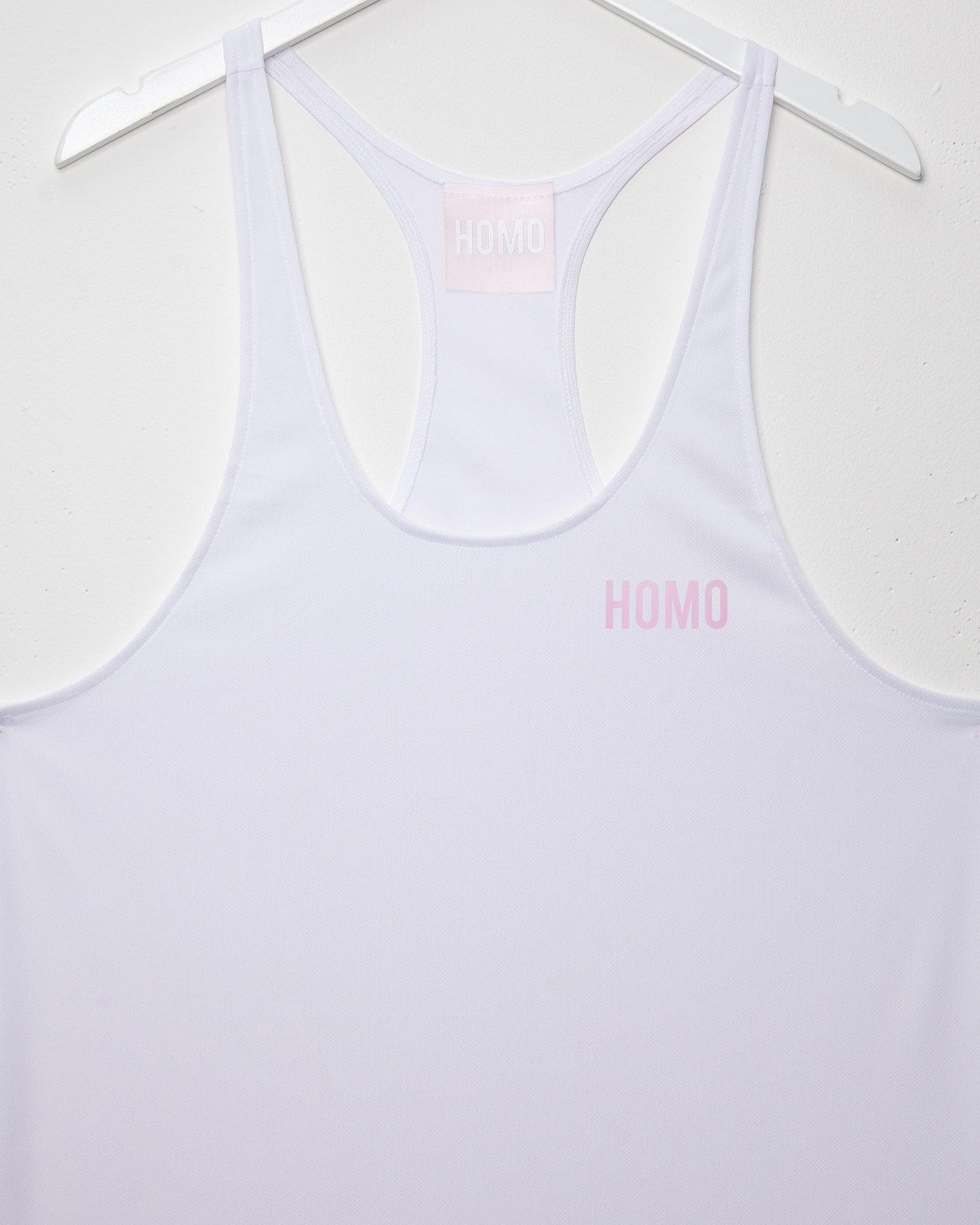 Simple HOMO logo, white and pink - razor back tank