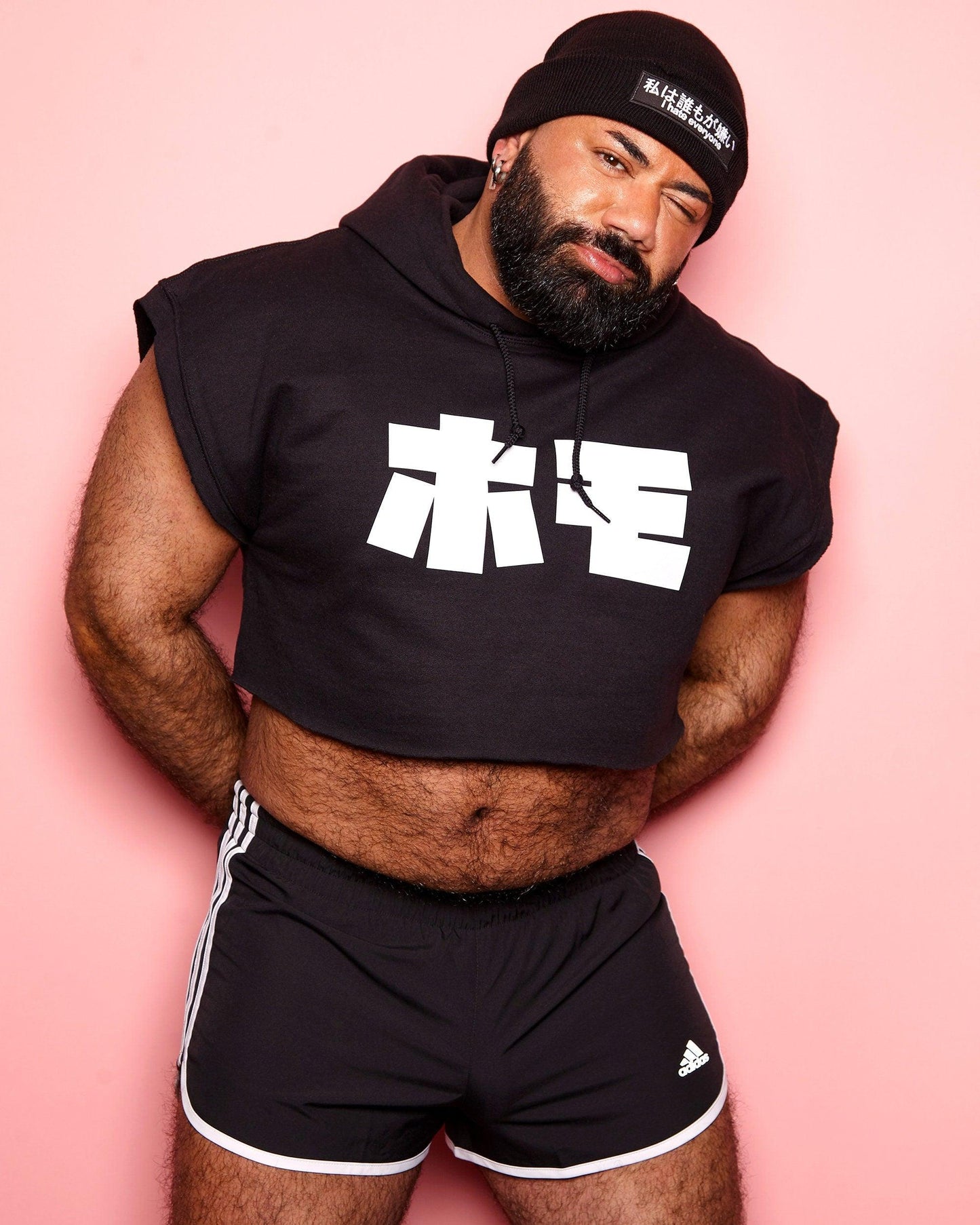 HOMO in Japanese, mens hoodie crop top - White on Black. - HOMOLONDON